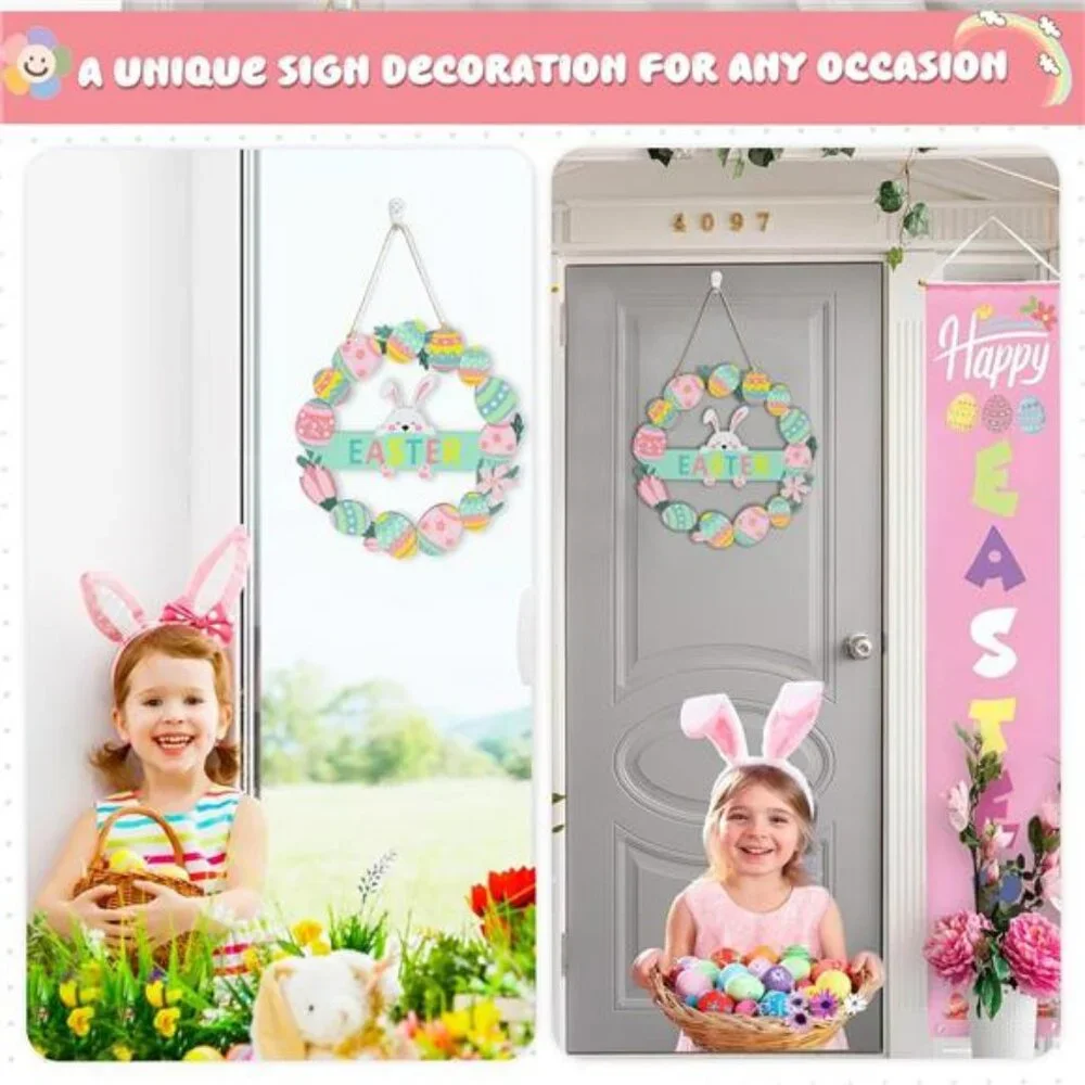 Easter Wreaths for Front Door Colorful Eggs Happy Bunny Easter Welcome Sign